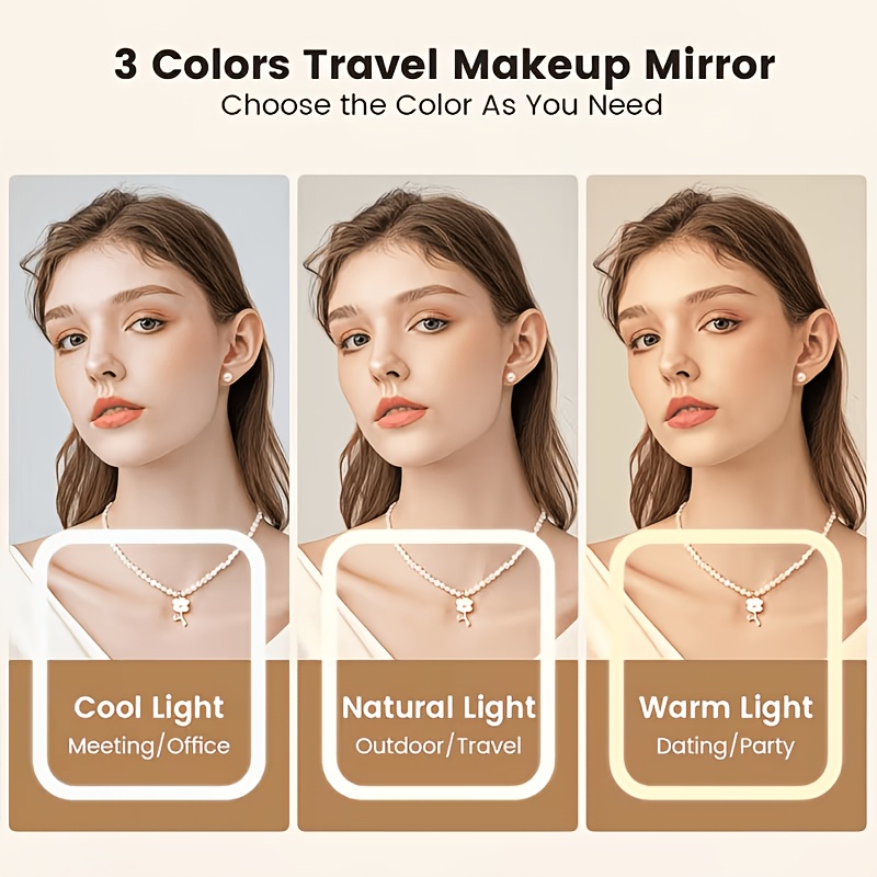 LED Makeup Mirror, Foldable Mirror with Warm/White/Natural Light, Three-Color Intelligent Brightness Adjustment, Portable Folding Touch Control for Vanity Lighting, Designed for Women - Rechargeable Battery, 3 Types of Folding Styles, Long Press