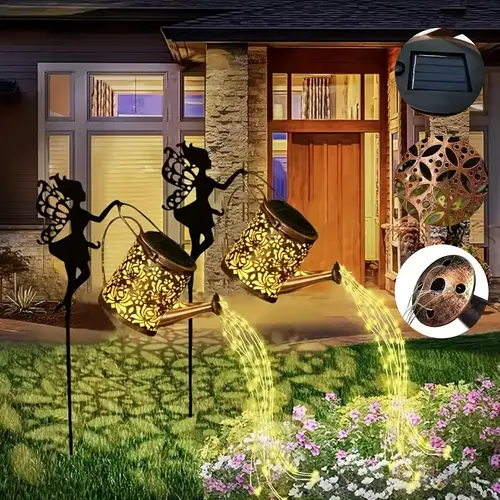 2 1pc retro metal solar watering can with fairy design automatic watering flower pot with string lights solar waterfall lights for lawn patio deck walkway decorative garden