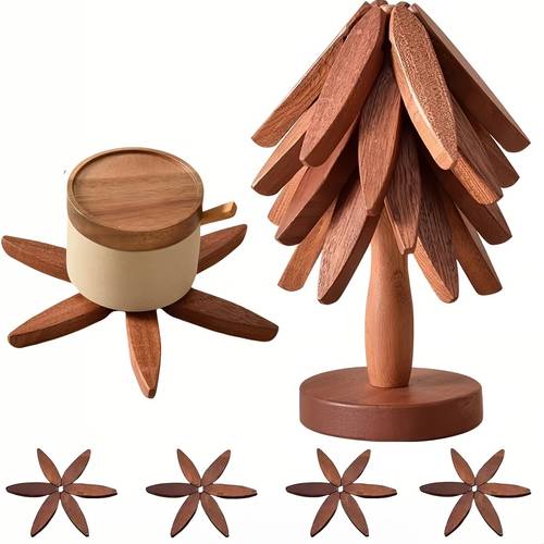 natural foldable wooden trivet set 4 trivets and 1 stand for hot dishes pot bowl teapot hot