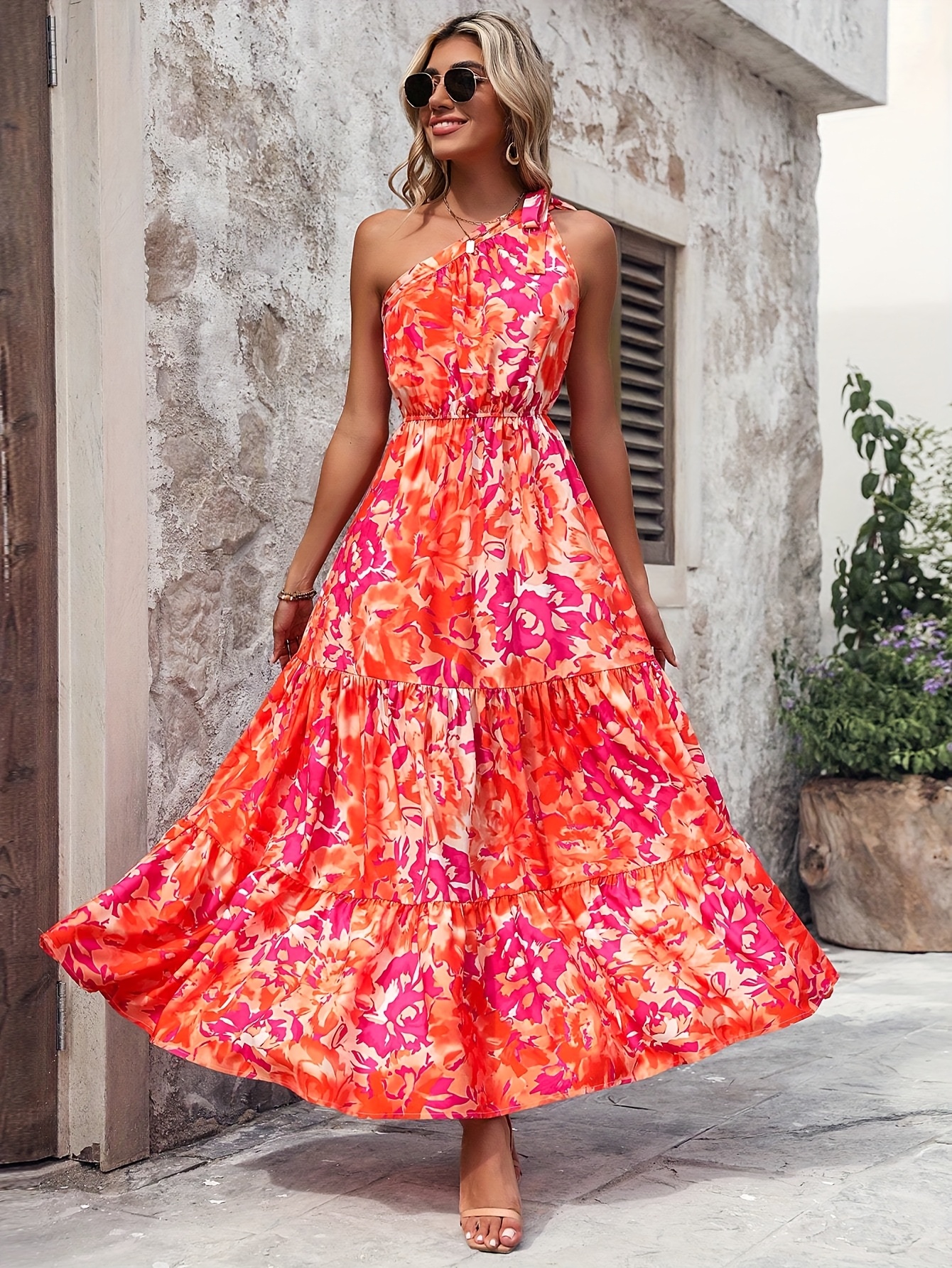 Women's Elegant Single Shoulder Asymmetrical Neckline Floral Print A-Line  Dress Vibrant Orange Beach Vacation Dress, Machine Washable,