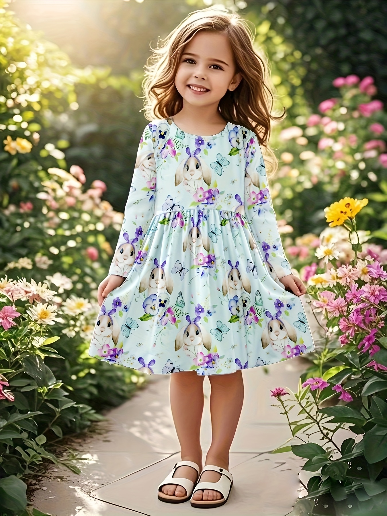 Easter Rabbits Print Long-Sleeve Dress For Girls, A-line Sweet Casual  Dresses * Party Gift