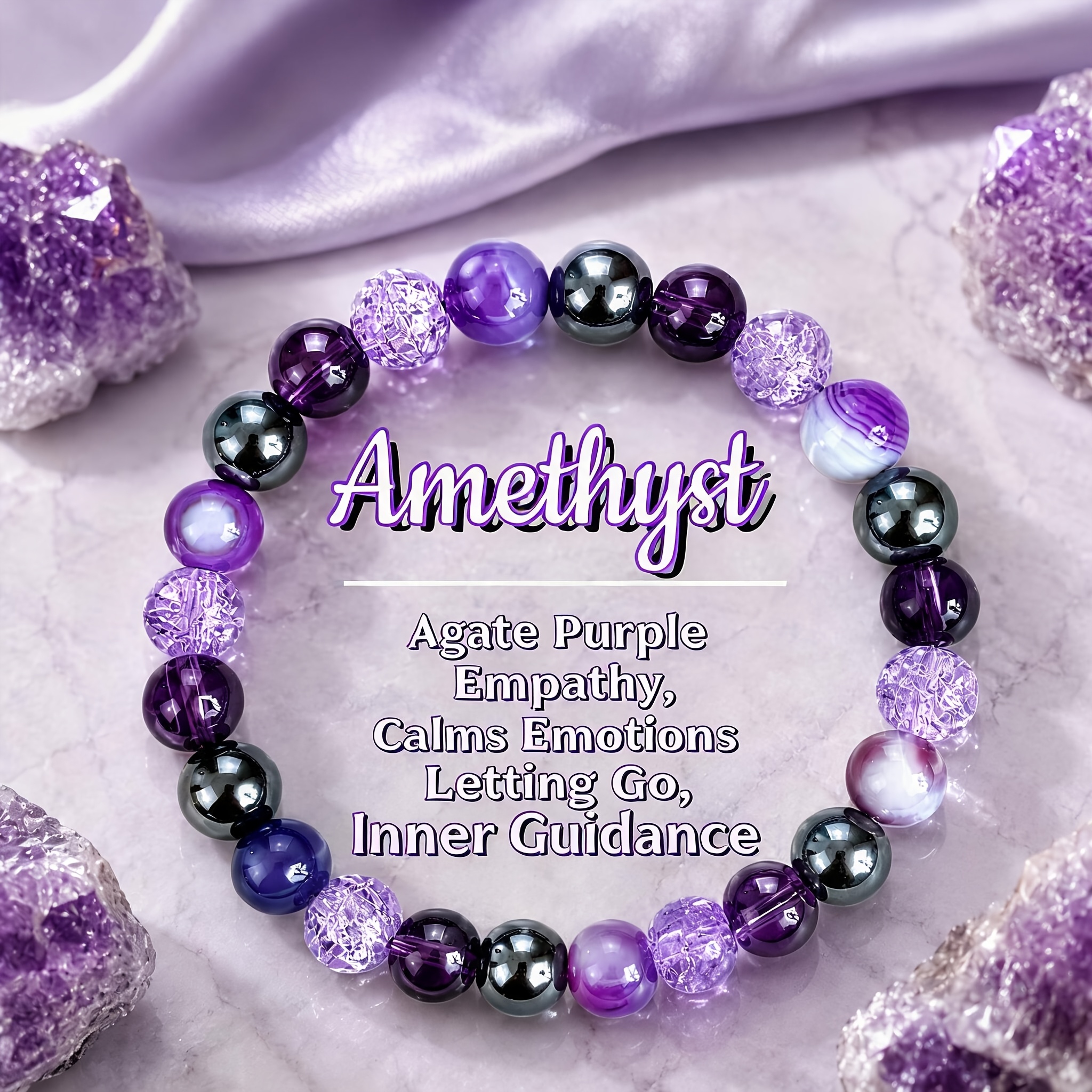 TEMU 1pc Natural Amethyst Stone Bracelet, Enhances And , Handmade Elastic Cord Unisex Bracelet, Suitable For Daily Wear And Attracting Wealth, An For