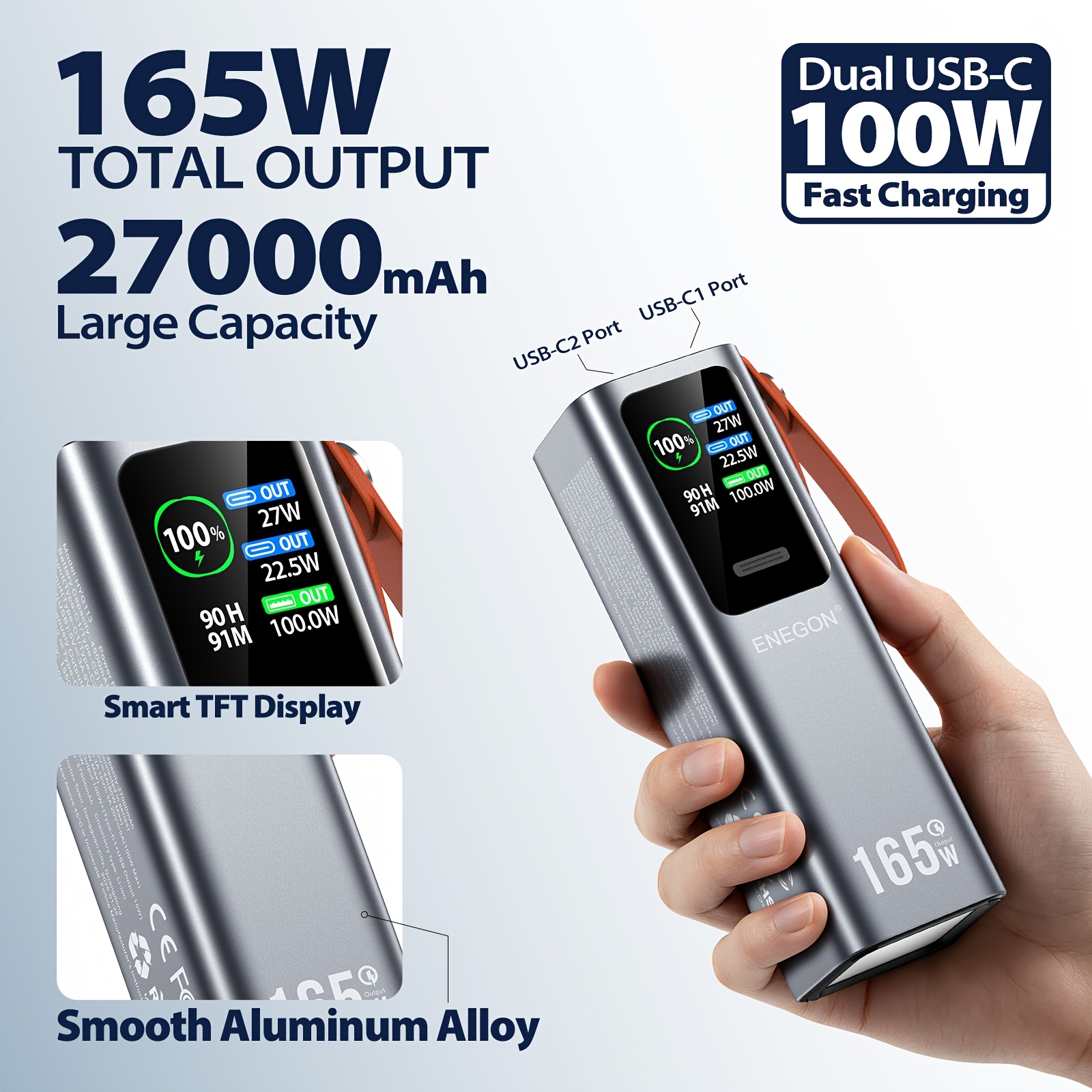 TEMU Batterie Externe pour Ordinateur Portable ENEGON 27000Mah, Chargeur Portable 165W avec Ports USB- de 100W Charge Rapide, Design Compact,
