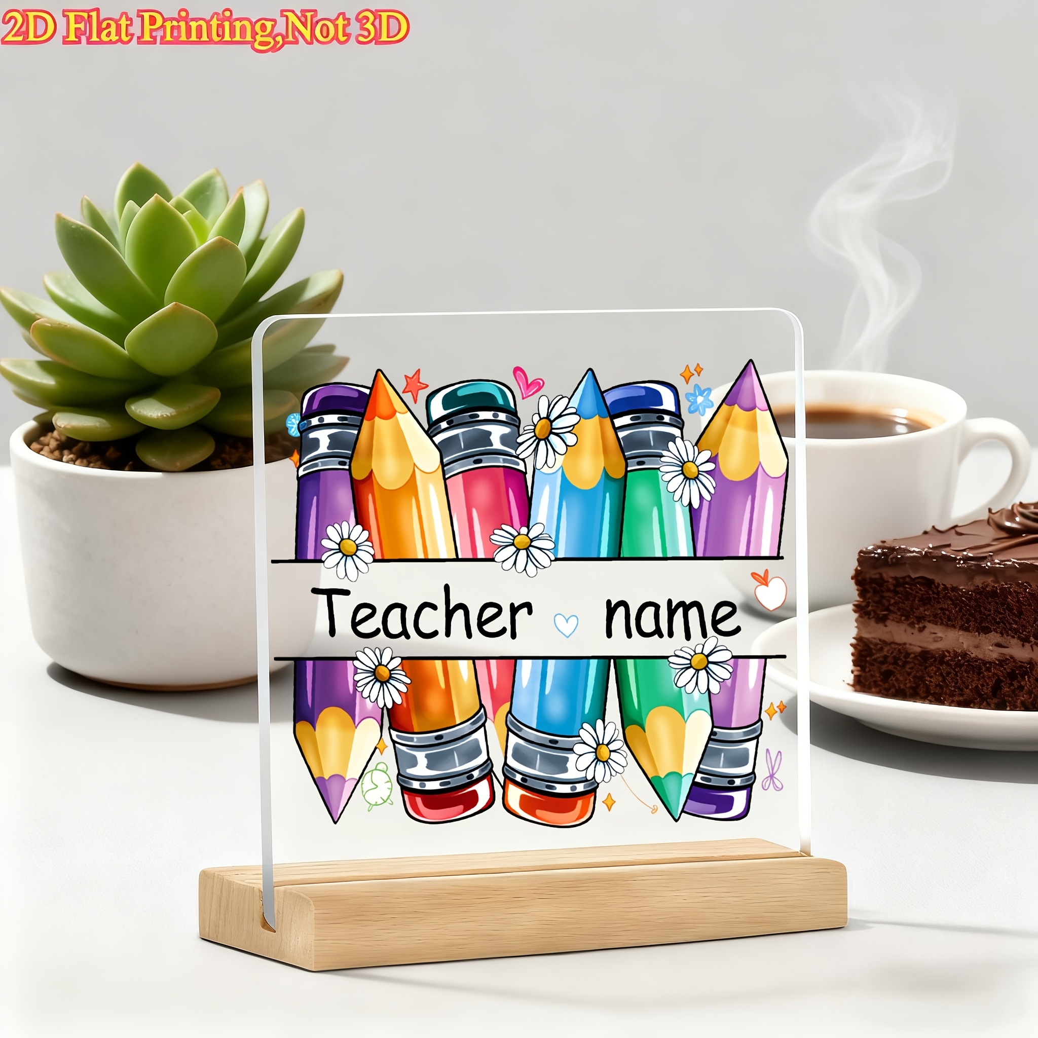 TEMU 2d Flat Printed Self- Name Acrylic Desk Sign, Exclusive Teacher's Day Desktop Decoration, Features A Colorful Crayon Print Design, Supports