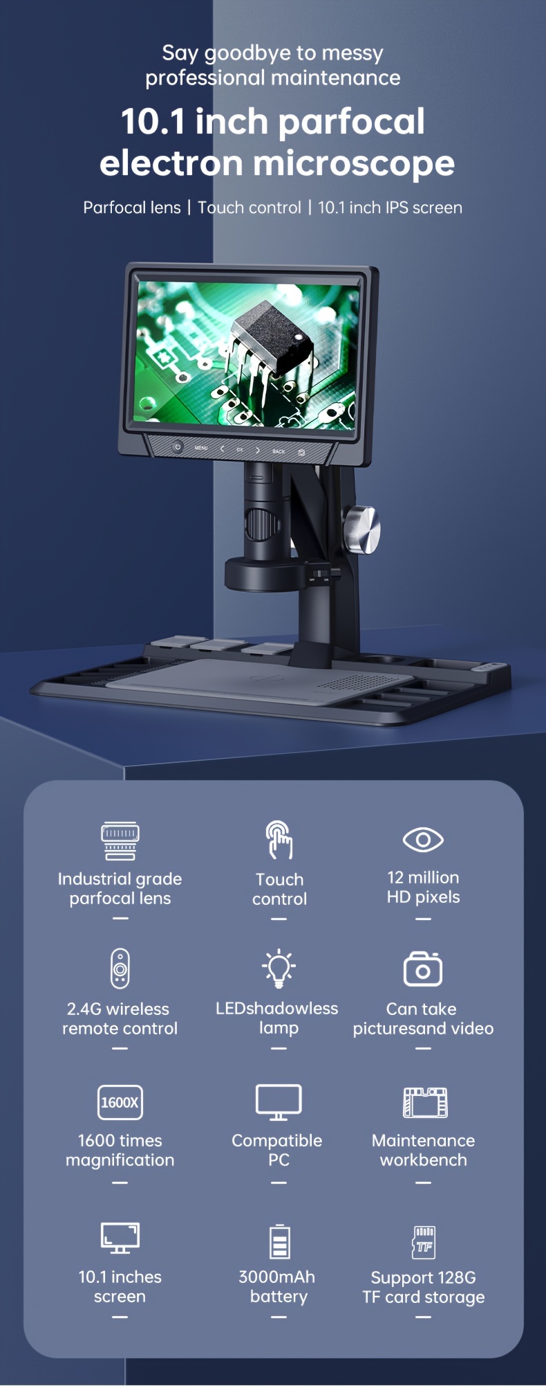 10 1in ips high definition digital display screen electronic microscope 12 million pixels magnifying glass 1600x for detecting mobile phones and watches parfocal lens high definition automatic focusing laboratory industrial measurement details 0