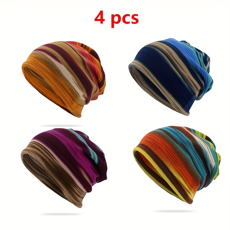 

4pcs Striped Beanie Hats - Multifunctional, Casual Pullover Caps For , Outdoor Activities, Travel - Hand Washable