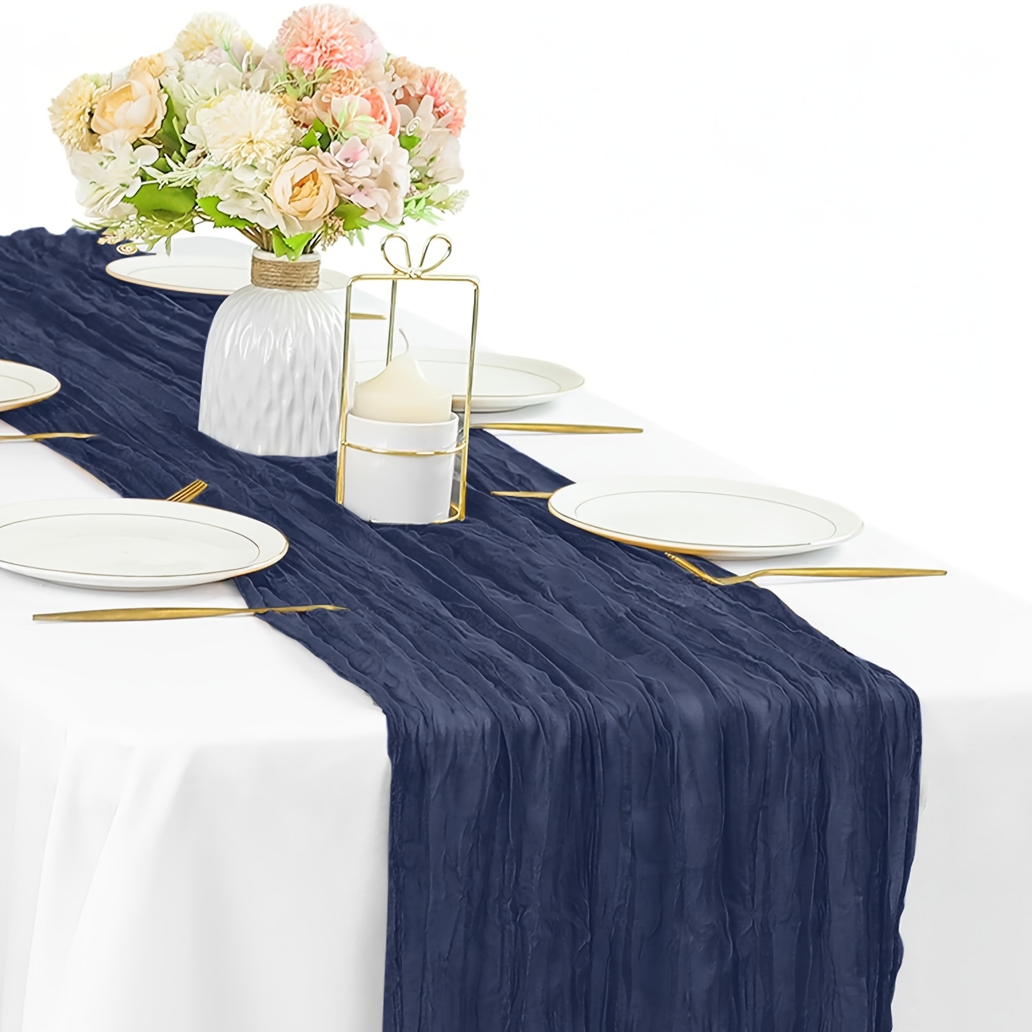 

1/2pcs Navy Blue Balinese Yarn Pleated Table Flag, Bohemian Yarn Tablecloth, Rural Transparent Tablecloth Wedding Decoration Baby Shower Birthday Party Decoration