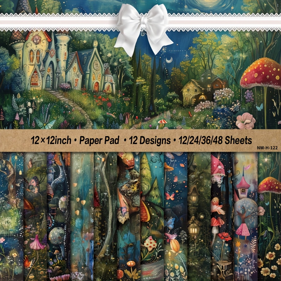 

12/ 24/ 36/ 48 Sheets 12× 12'', Paper Pad, Art Craft Pattern Paper For Scrapingbook Craft Cardstock Paper, Diy Decorative Background Card Making Supplies - Fairy Mushroom Castle