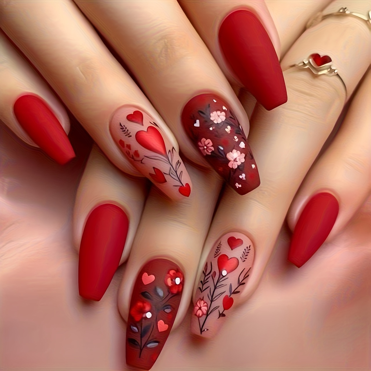 TEMU 24pcs Valentine's Day Love Flower Matte Press-on Nails Art