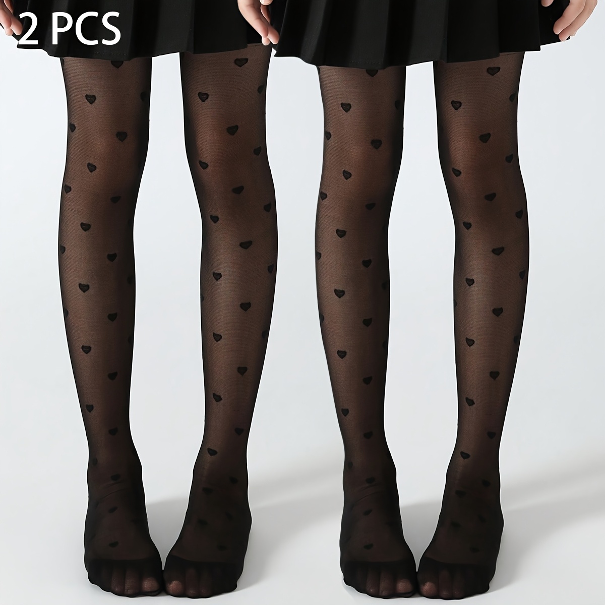 Image of 2pcs Girls' Black Heart-patterned Simple, Lightweight, Breathable, And Comfortable Pantyhose For Daily Life Or Outfits