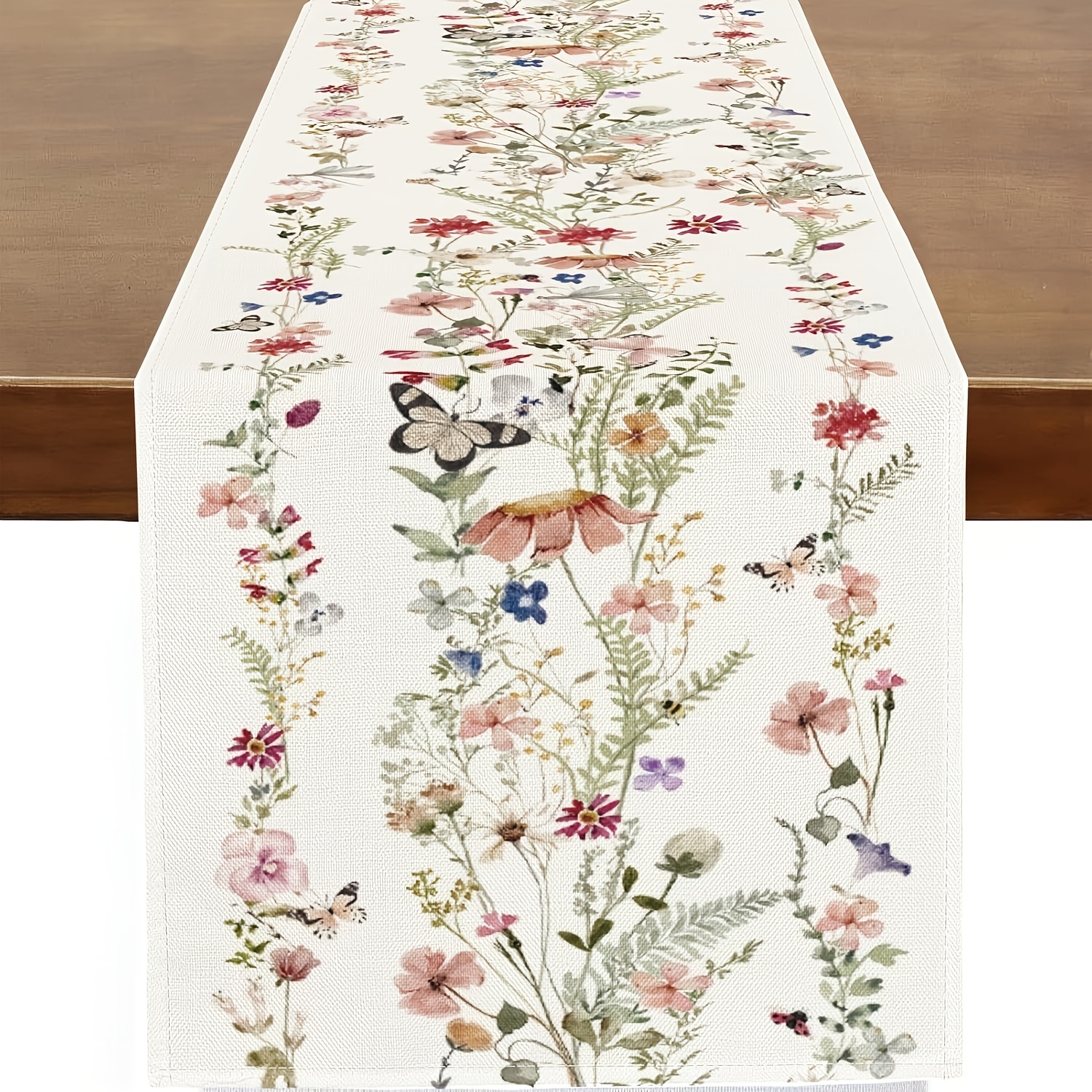 

1pc Rustic Spring Floral & Table Runner - Pastel Watercolor Wildflowers On White Linen, Kitchen & Dining Decor, Weddings, Anniversaries - In 13x36, 13x48, 13x72, 13x108 Inches