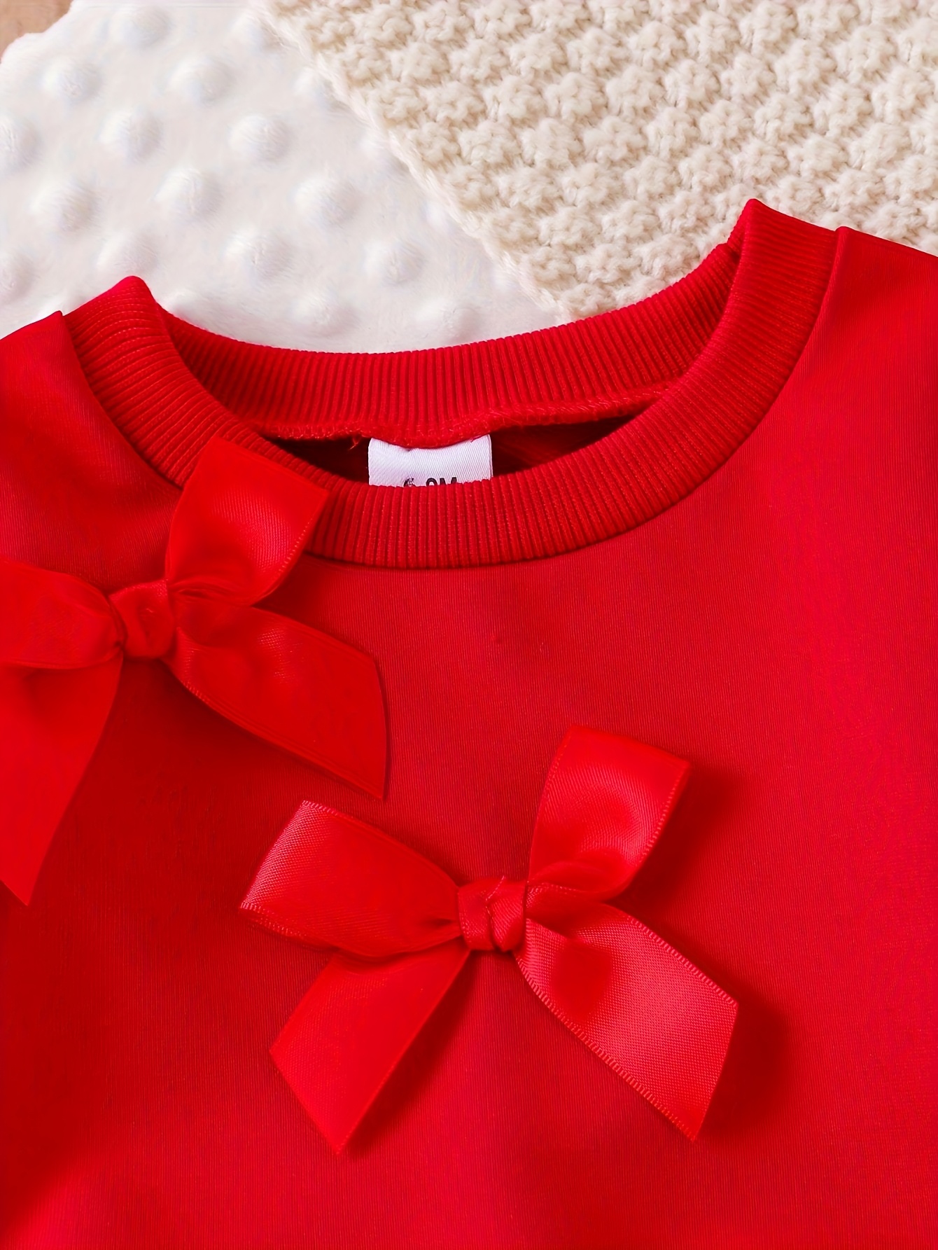 2pcs set baby girl casual long sleeve crew neck sweatshirt with bow decoration and   flared jeans with bow detail fabric   stretch solid   for   for outdoor Product details 4