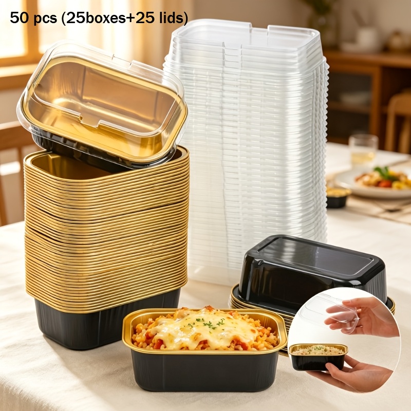 TEMU 50pcs (25boxes And 25 Lids) Aluminum Foil Brownie Baking Cups With Lids Airtight Fresh Keeping Portable For Holiday Family Gathering Fridge