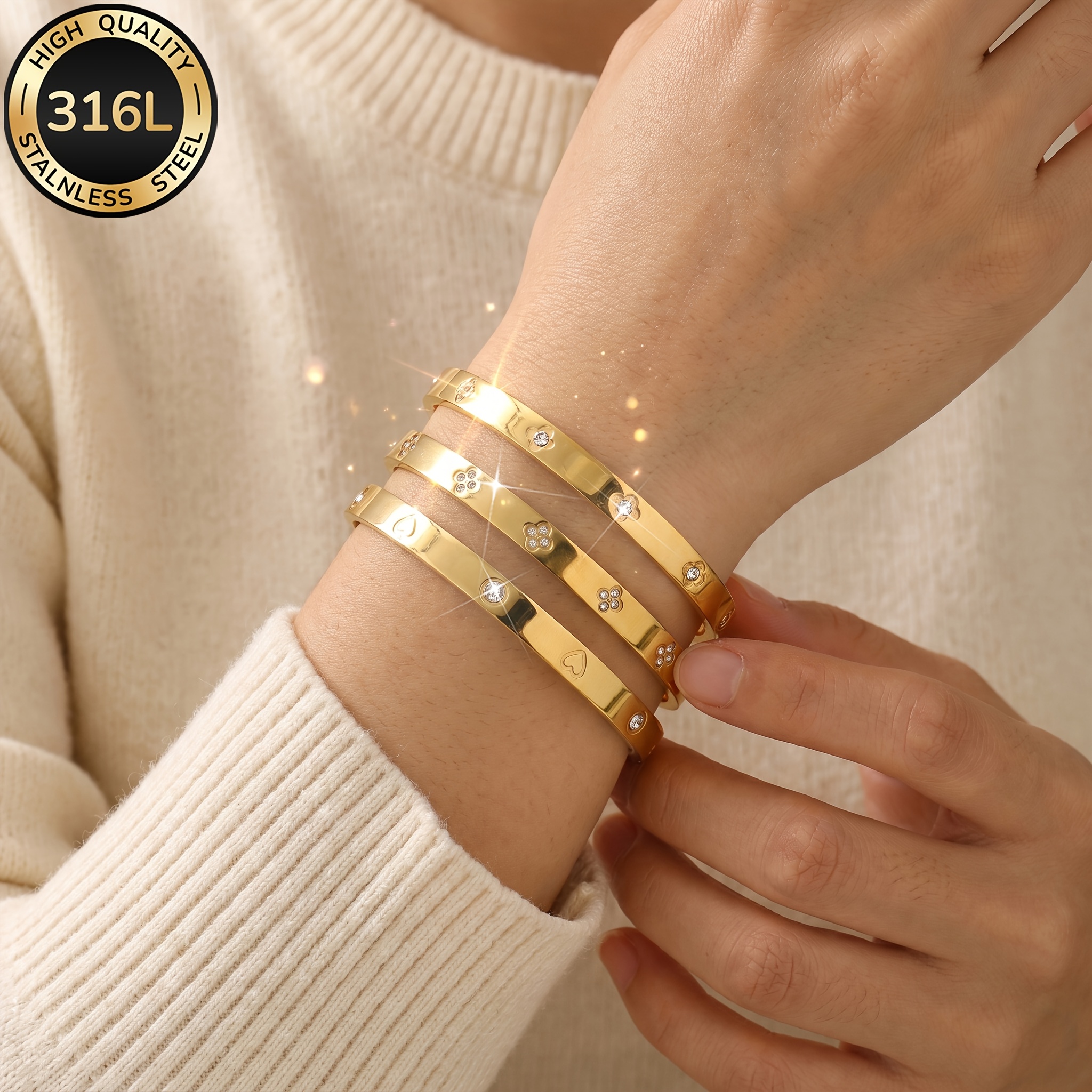 TEMU 3pcs Golden Women Jewelry Set, Casual Vacation Outfit For And Ladies, Exquisite Jewelry Bracelet, 18k Golden Plated Stainless Steel Bracelet,