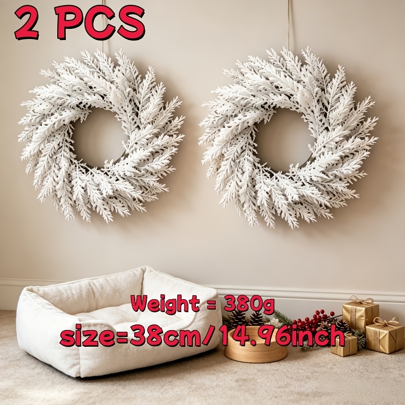 TEMU 2pcs High-quality White Artificial Christmas Wreaths, Suitable For Front Doors, Fireplaces, Windows, And Mailboxes As Home Decor. Ideal For