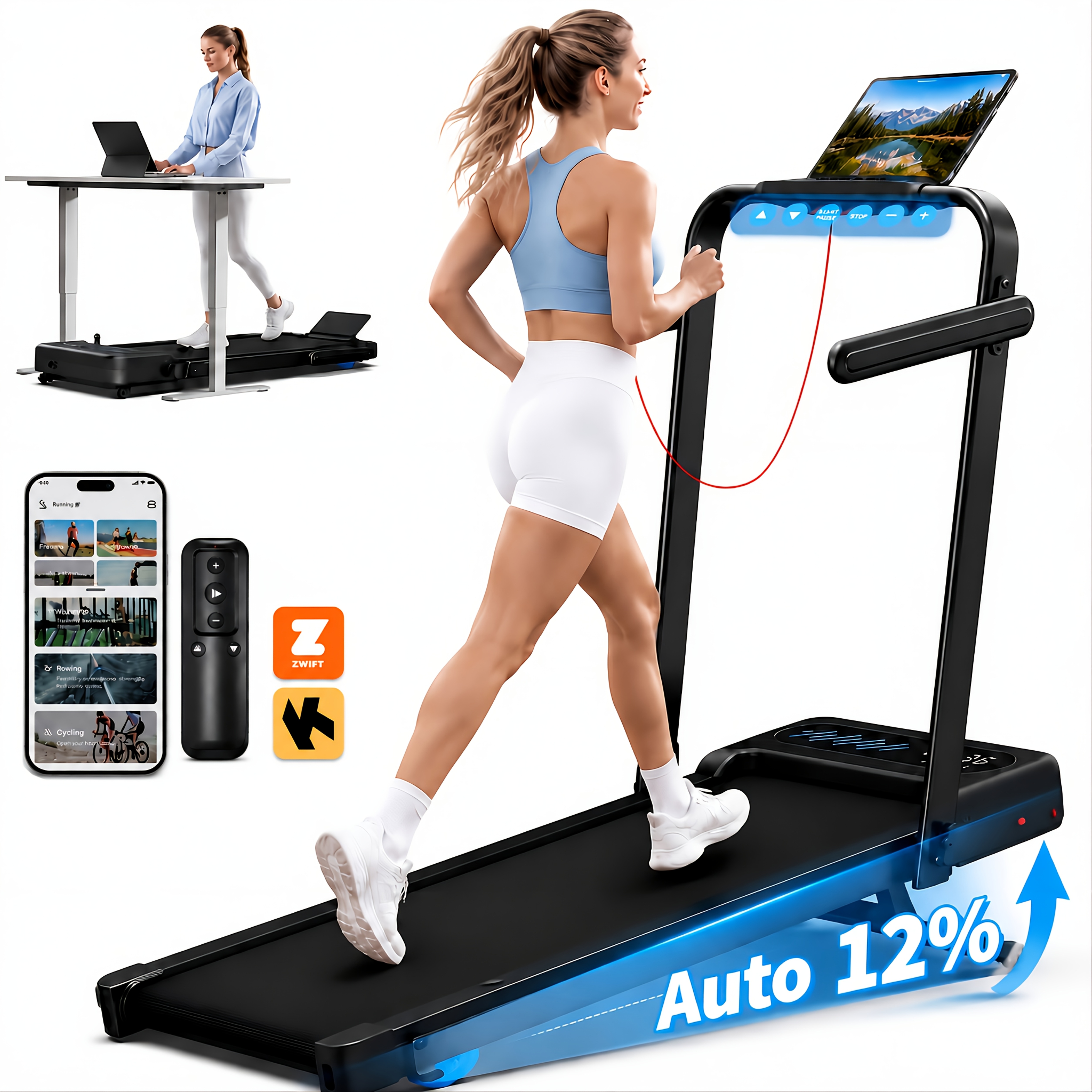 Foldable Under Desk Treadmill with 12% Auto Incline & Handle Bar, 350LBS