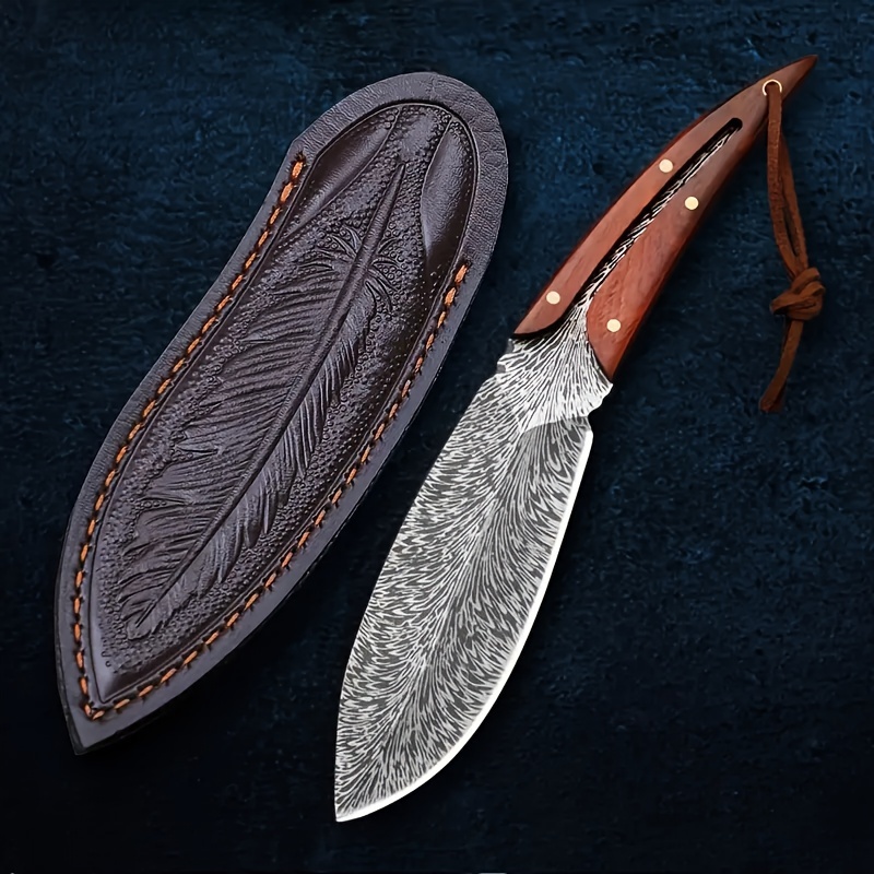 

1pc Beautiful Outdoor Knife Feather Design With Leather Case, High Hardness And Sharp Small Curved Knife, Camping Barbecue Knife Handle, Meat Knife