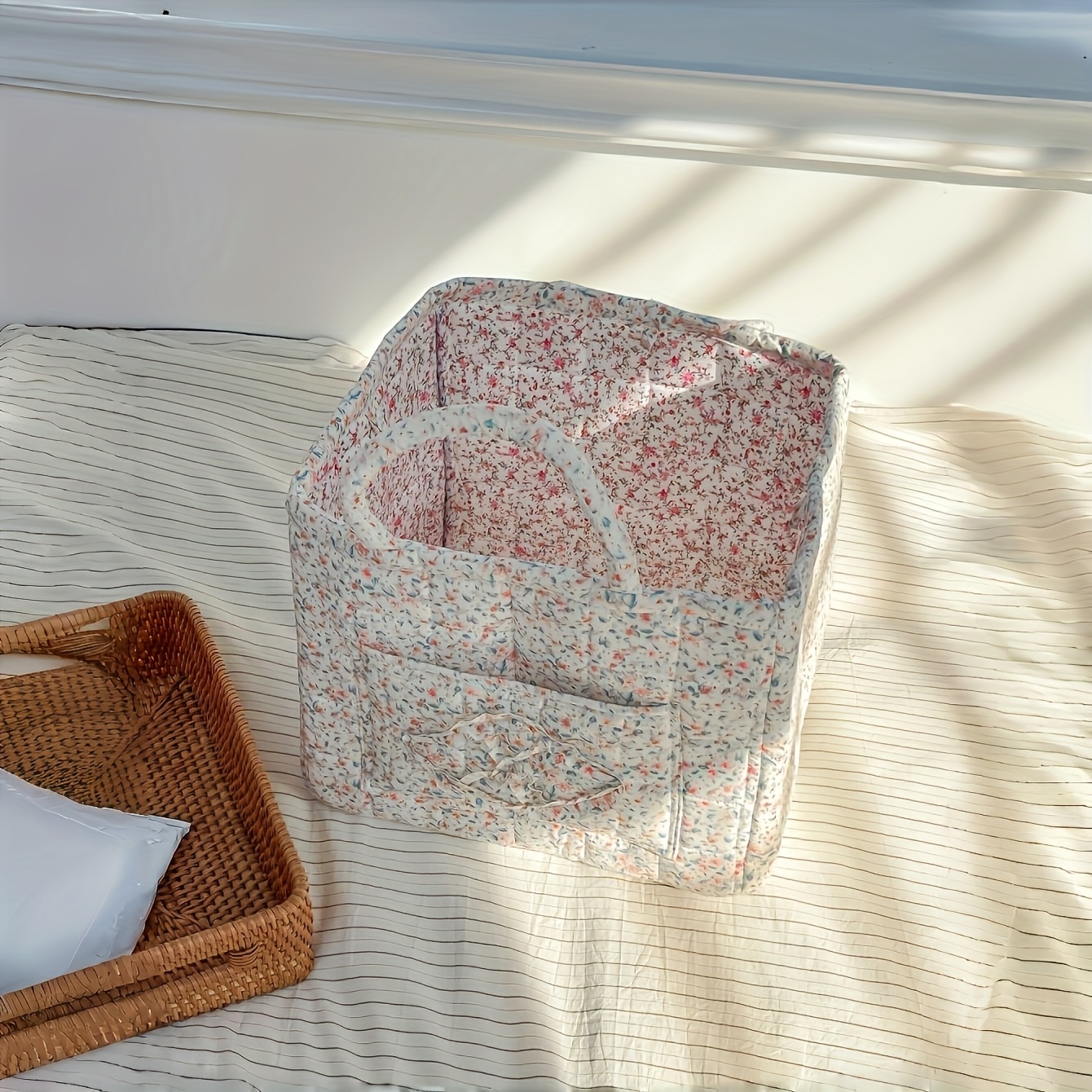 TEMU Bohemian Floral Quilted Storage Basket With Handle - Large Foldable Portable Organizer Suitable For Women & Girls, Multi- Basket For,, Laundry,