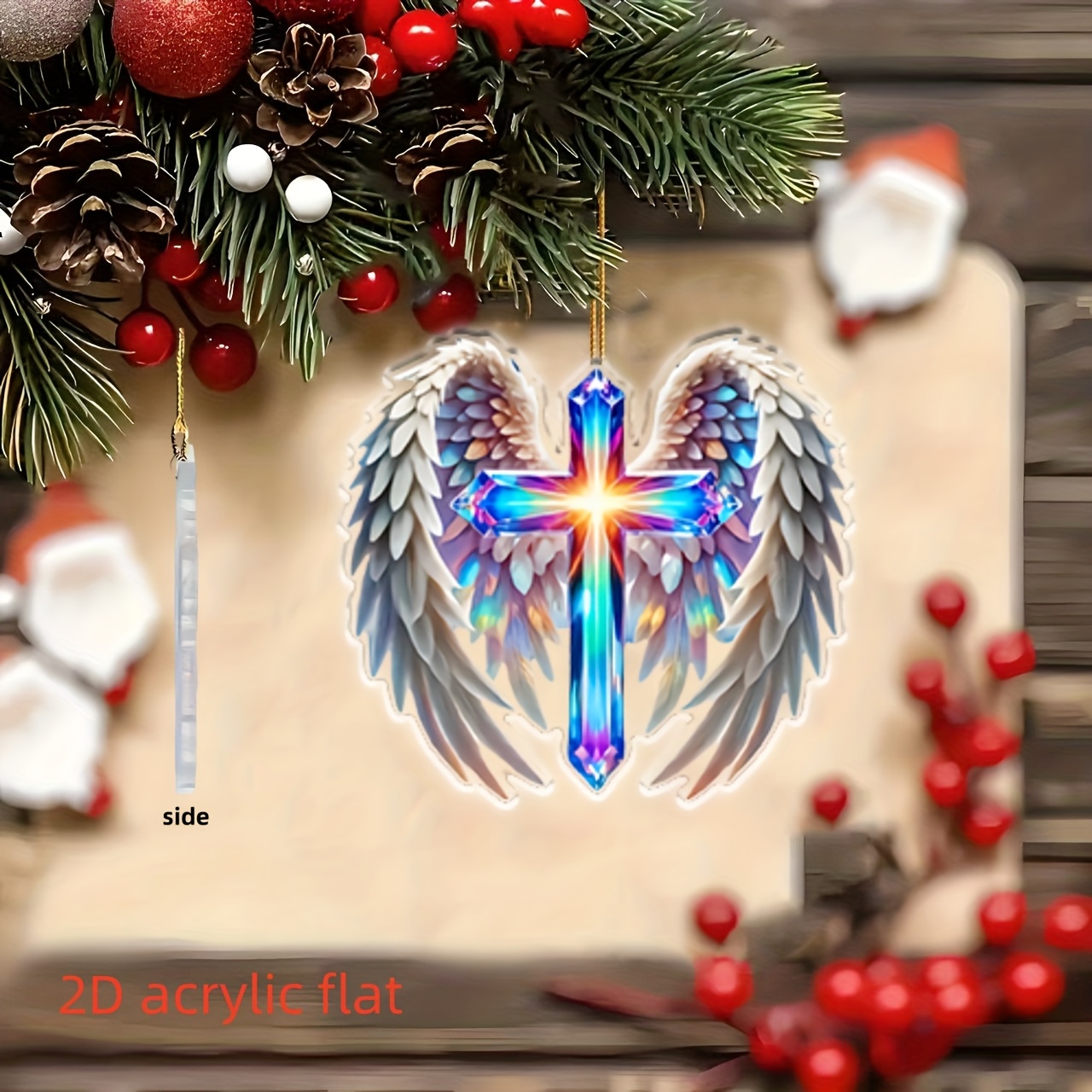2D Flat, Angel Wings and Cross Car Hanging Ornament