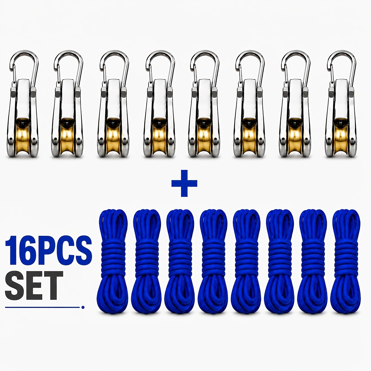 TEMU 16pcs (8pcs Traction Hooks And 8pcs Traction Ropes) Adjustable Rope Pulley System Set With Locking Buckles, 100 Lb Load Capacity, Includes 8pcs