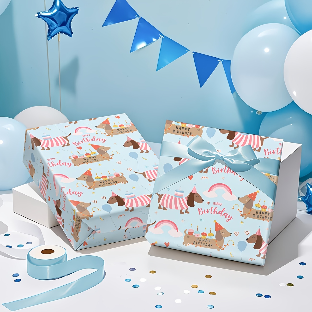 Image of 1 Roll Cute Dachshund Birthday Wrapping Paper, Light Blue Sausage Dog Gift Wrap With Colorful Hat Print, Boys Kids Birthday Gift Packaging Paper For Dog Lovers Baby Shower Party Supplies