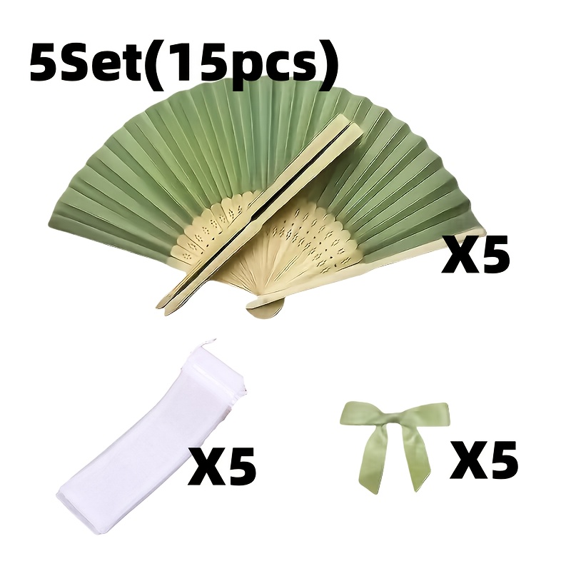 TEMU 15pcs Custom Wooden Wedding Fan Set - Includes 5 Fans, 5 Organza Bags, 5 Bows, Personalized With Names And Dates, Elegant Green Fabric Folding