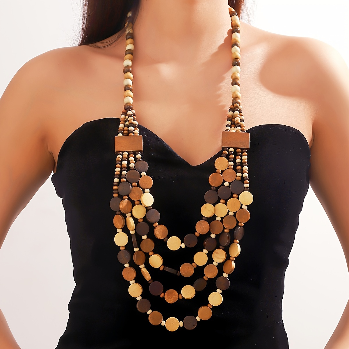 

1pc Retro And Fashion Multi-layer Wooden Beads Necklace, For Birthdays, Anniversaries, And Graduation Christmas Gifts