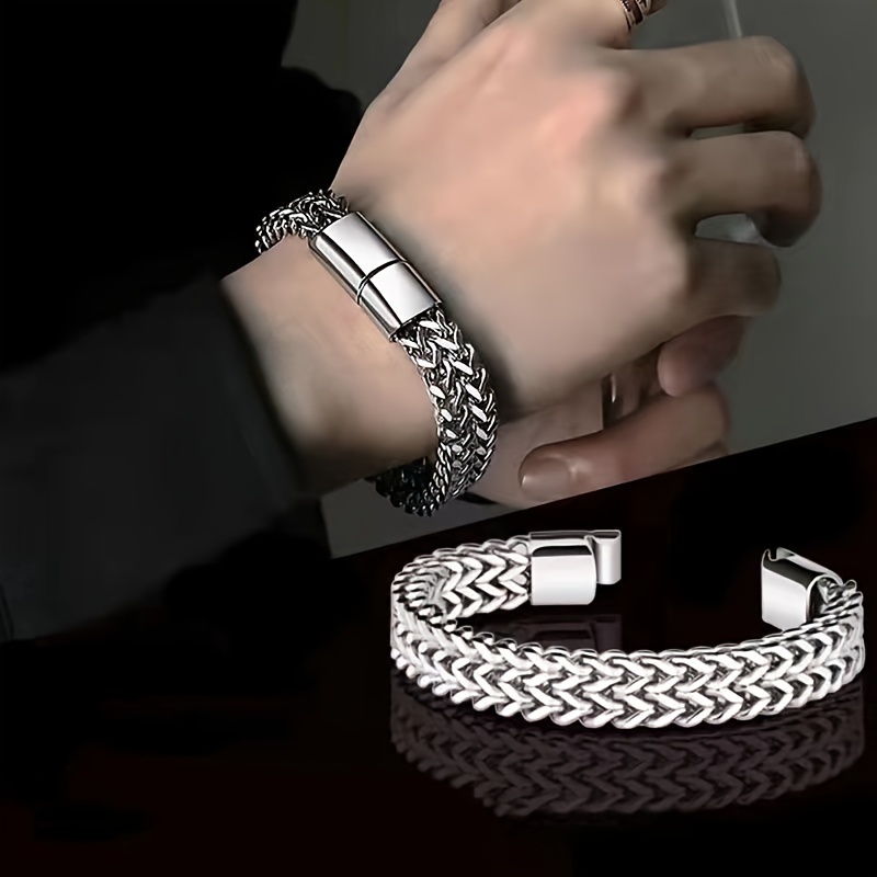 bracelet à double rangée cuban link en acier inoxydable avec design  , accessoire de mode unisexe,   une fermeture magnétique, look décontracté,   pour mari,   ou père Détails du produit 3