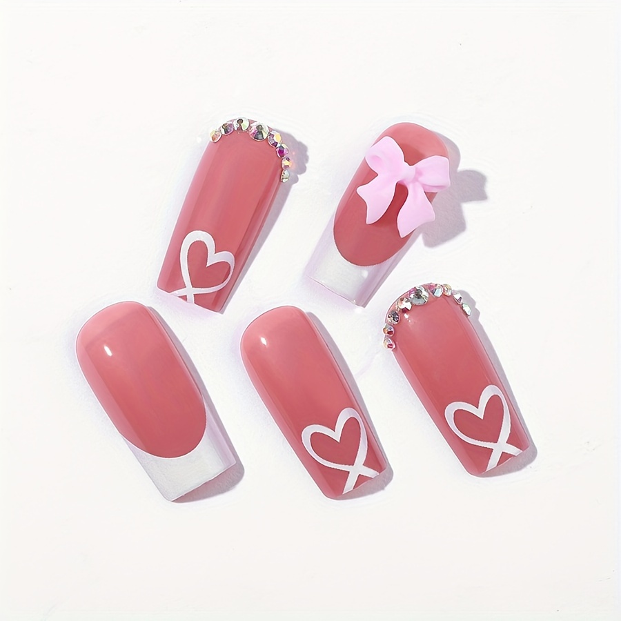 24pcs square press on nails with heart glossy red white french style nails for women medium length reusable artificial nails with tools parties weddings party accessories details 2