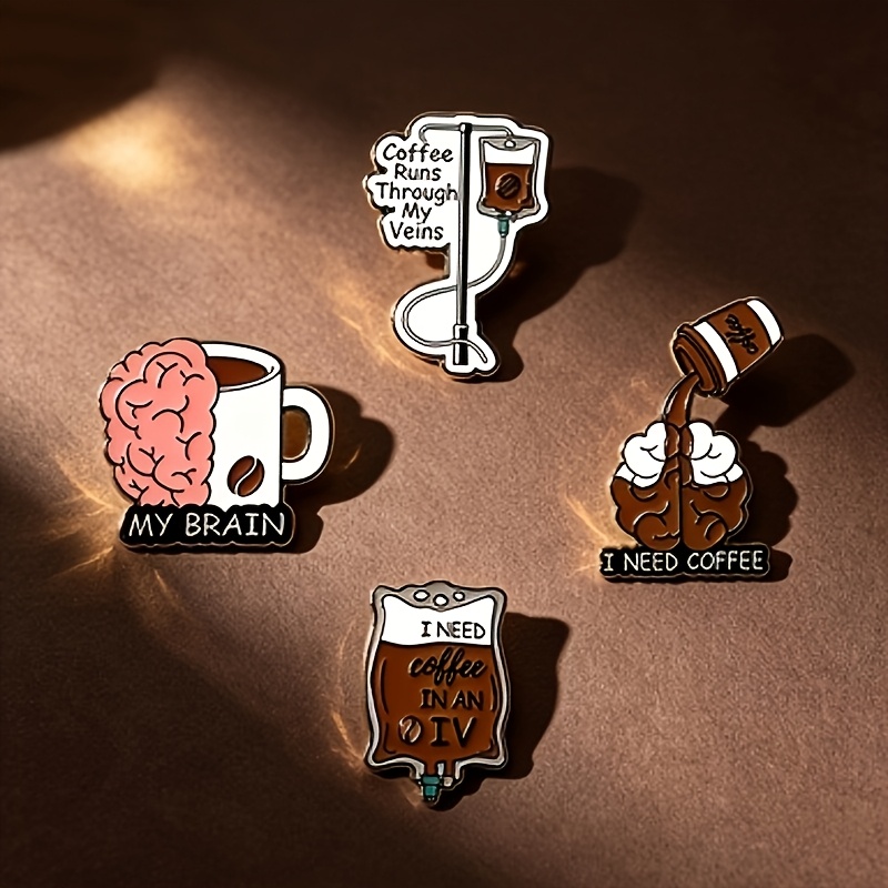 TEMU Coffee Lover Enamel Badge, Fun Brain Drip Coffee Brooch, Unique Metal Collar Pin For Clothing, Backpack Decoration, Creative Gift Designed For