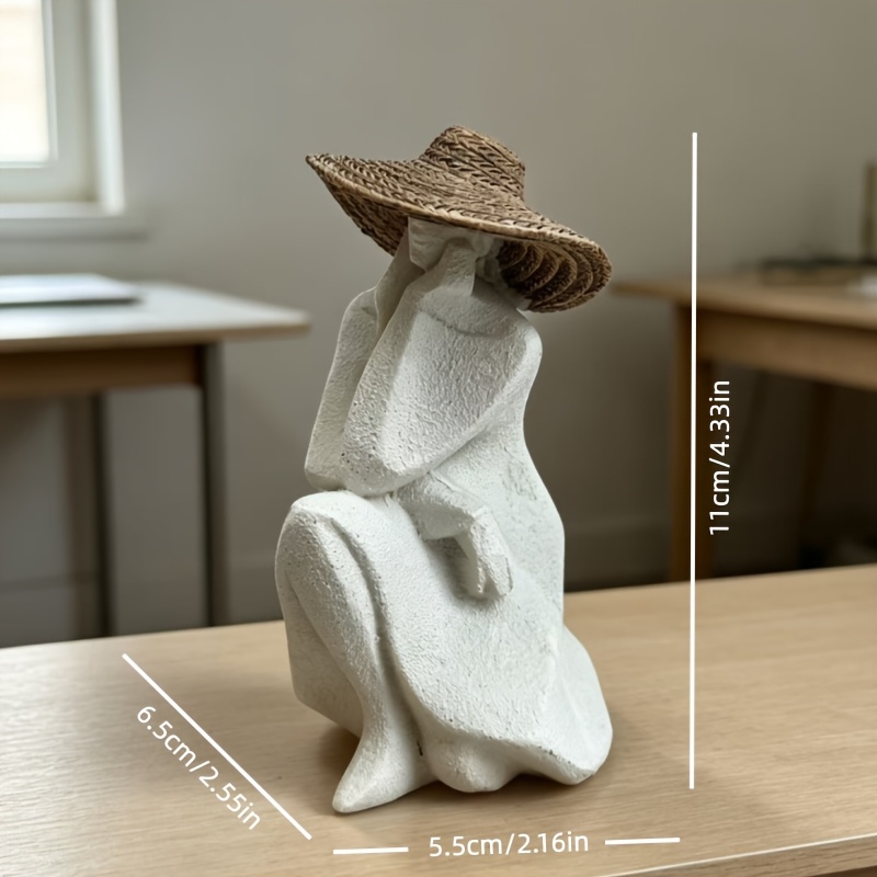 TEMU Statuetta decorativa pensatrice astratta con cappello di paglia, finitura in resina , minimalista per casa, soggiorno, camera da letto, ufficio,