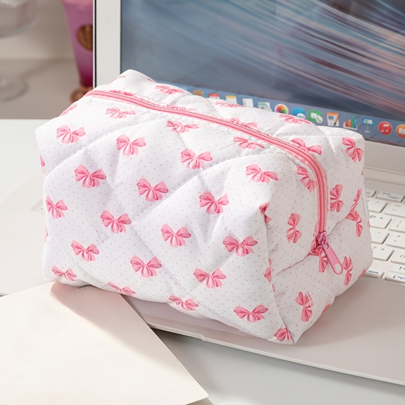 TEMU Bow Quilted Cosmetic Bag, Female Small Wash Bag, High-level Cute Cosmetics Storage Bag, Cosmetics And Toiletries Storage Bag, Very Suitable For