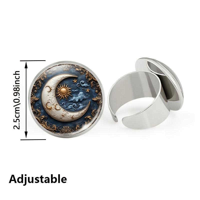 Adjustable Size White Ring with Sun and Moon Design