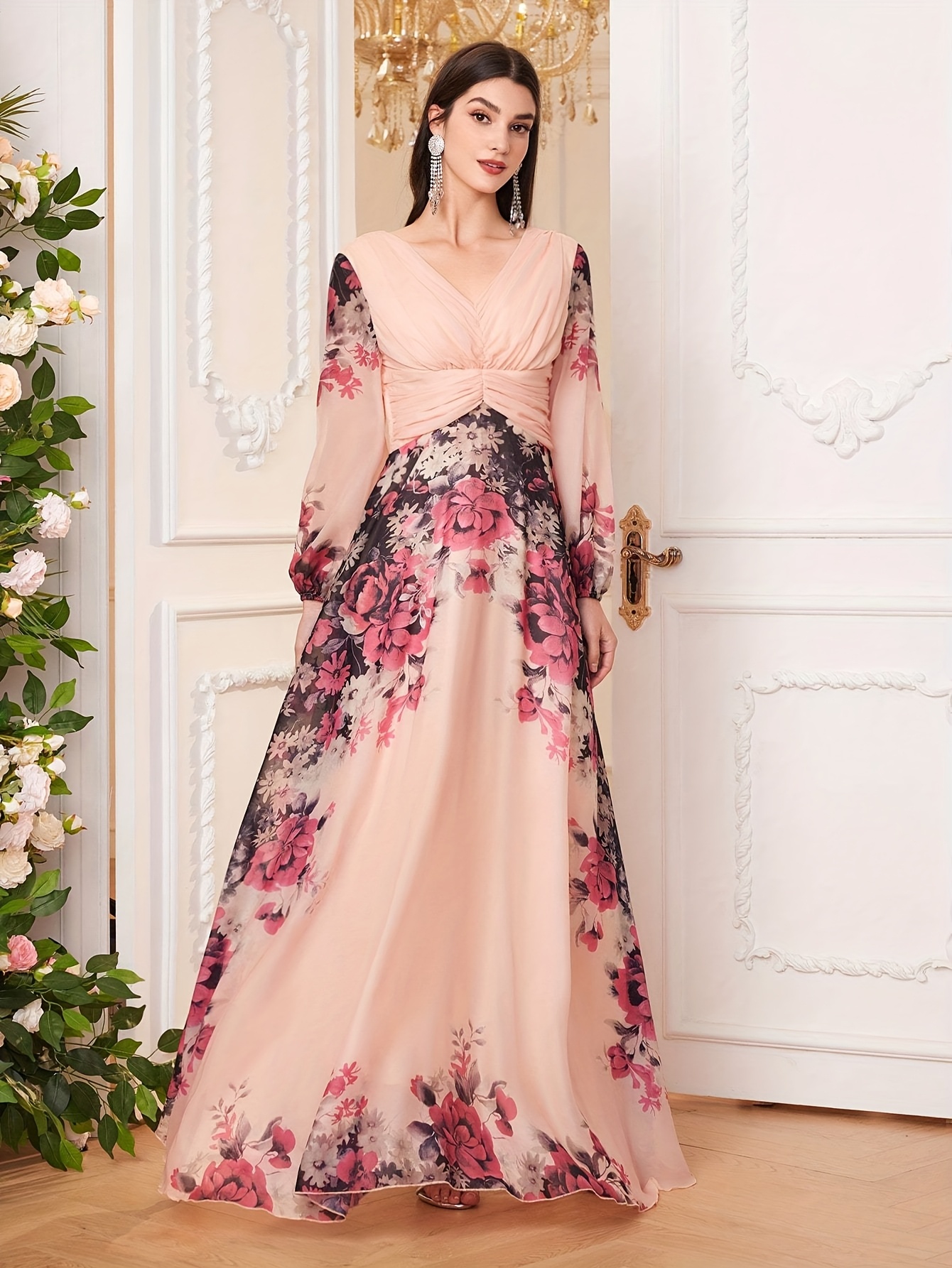 elegant floral formal dresses Delicate Pink 3D Floral Spaghetti Evening Dress SS701