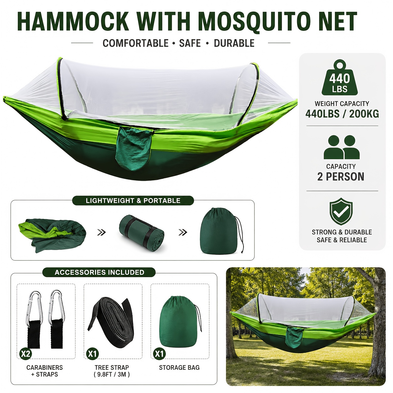 TEMU Moustiquaire Hamac Double de Camping à Ouverture Rapide en Nylon Parachute avec Sangles d'Arbre pour Randonnée Plage Jardin