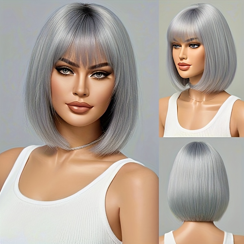 Elegant 12-inch Silvery Grey Short Bob Wig With Bangs For Middle-aged And Elderly Ladies, , Summer Wig, Heat-resistant High Temperature Fiber, , Suitable For Daily Wear And Role-playing