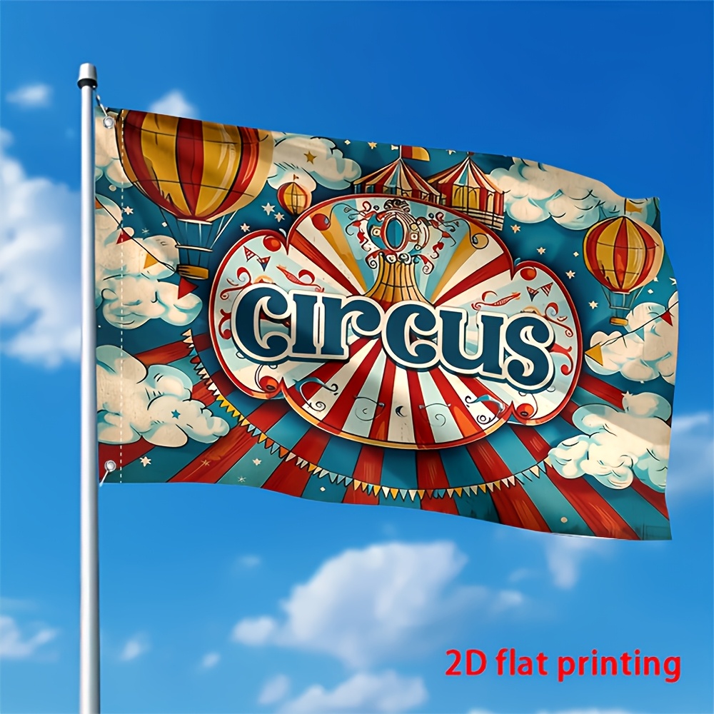 TEMU Plat 2D, Drapeau de Jardin Plat 2D avec Décor de Cirque Présentant des Tentes Rayées et des Ballons, Convient pour la Décoration Extérieure et