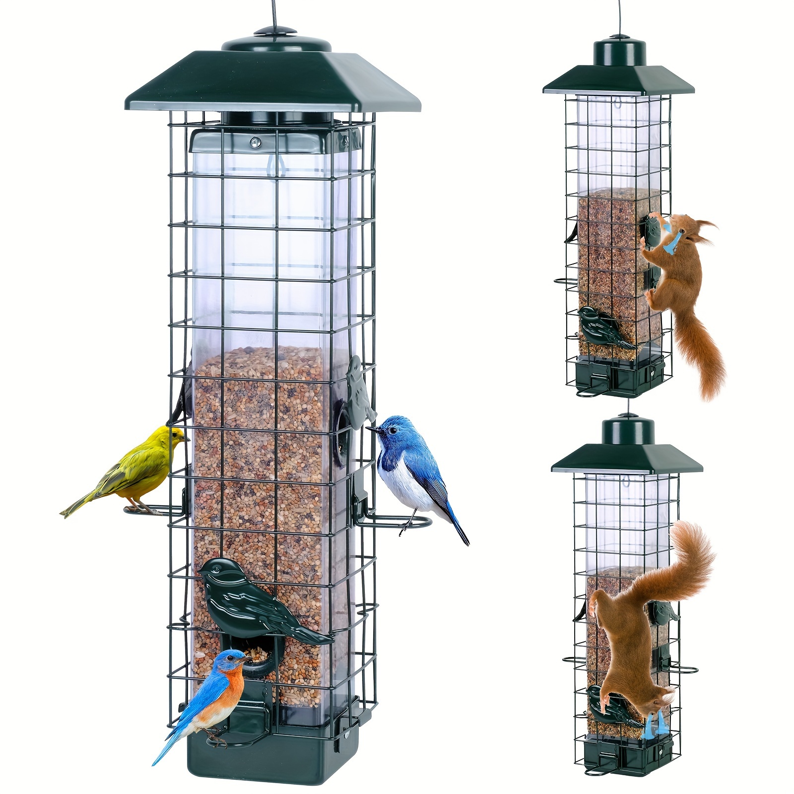 

Bird Feeder Squirrel Proof For Outdoors Hanging, Metal Bird Feeder With Bilateral Weight-activated, Outdoor Bird Feeders For Finch Sparrow - Dark Colored Green