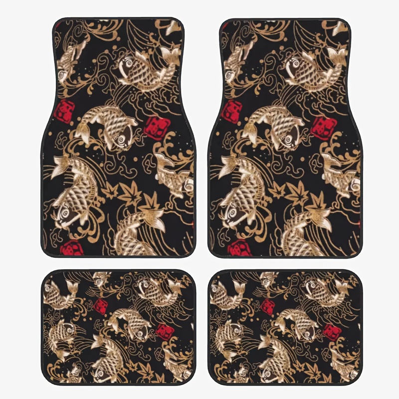 TEMU 4pcs Vintage Koi Fish Pattern Mats, , Full Protection, Easy To Clean, Durable Lining, Heavy-duty, Suitable For Sedans, Suvs, And , Carpet,