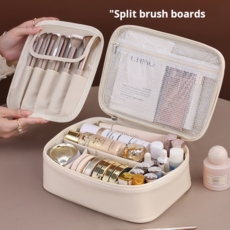 large-capacity multi-tier cosmetic organizer case with detachable brush storage - synthetic leather-like texture makeup bag with golden-tone hardware, beige & black travel beauty storage box with multiple compartments & top opening - unisex portable organizer for  ,   makeup organizer for daily use or travel, durable & stylish design with golden-tone hardware & zippered closure, makeup organizers and storage, colorful cosmetic bag, Product details 0