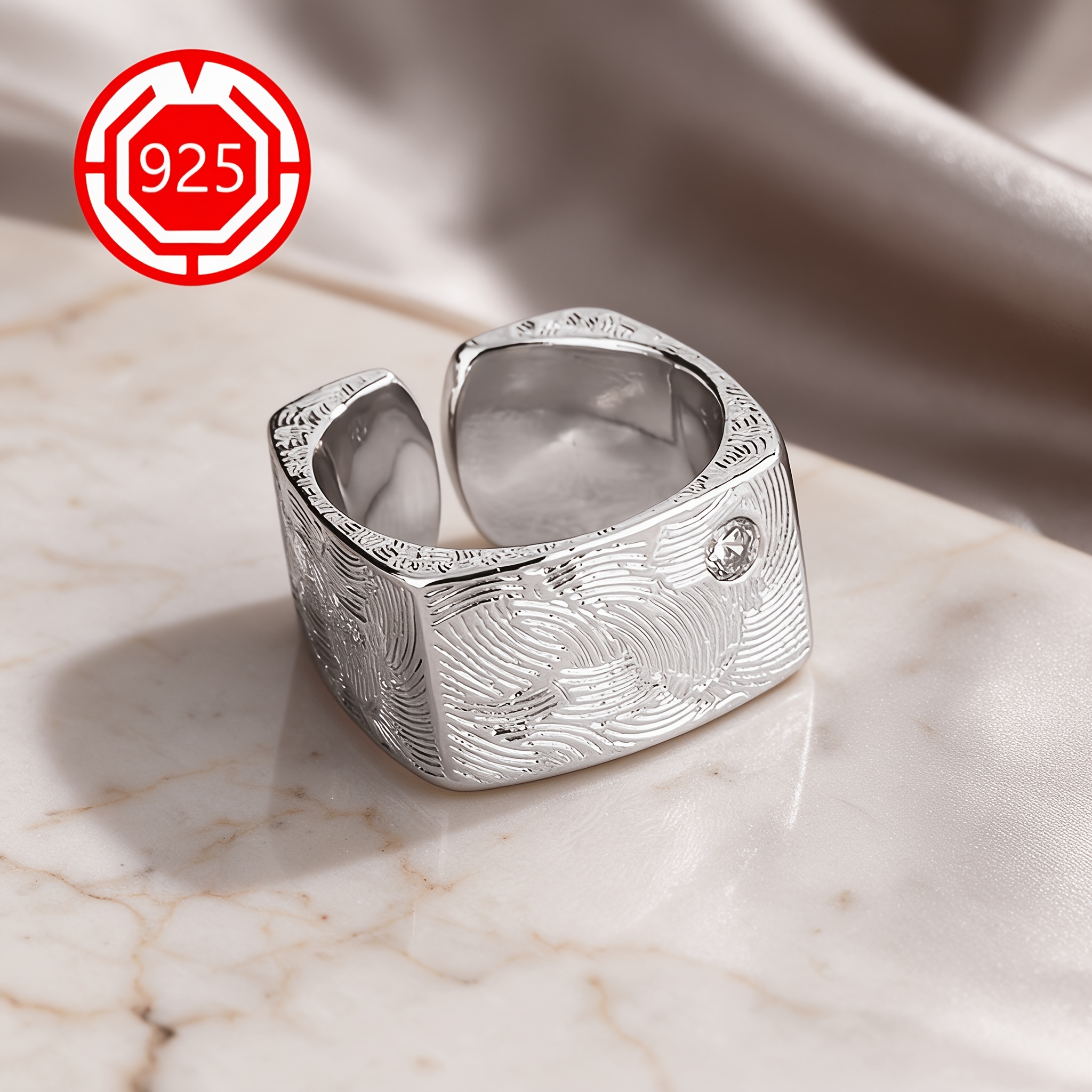 Women's 925 Silver Adjustable Wide Texture Open Ring, Geometric Design