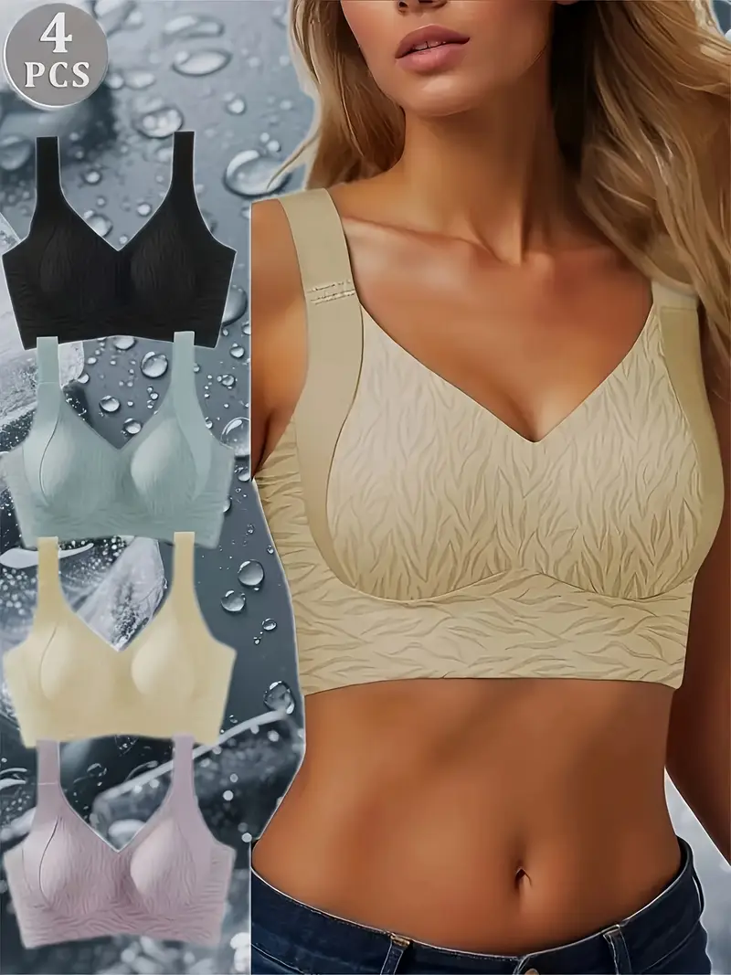 4pcs womens high support anti sagging semi fixed seamless bra and underwear wide shoulder straps without steel rings u shaped cup full coverage design breathable nylon spandex blend bohemian style daily comfortable casual underwear Product details 0