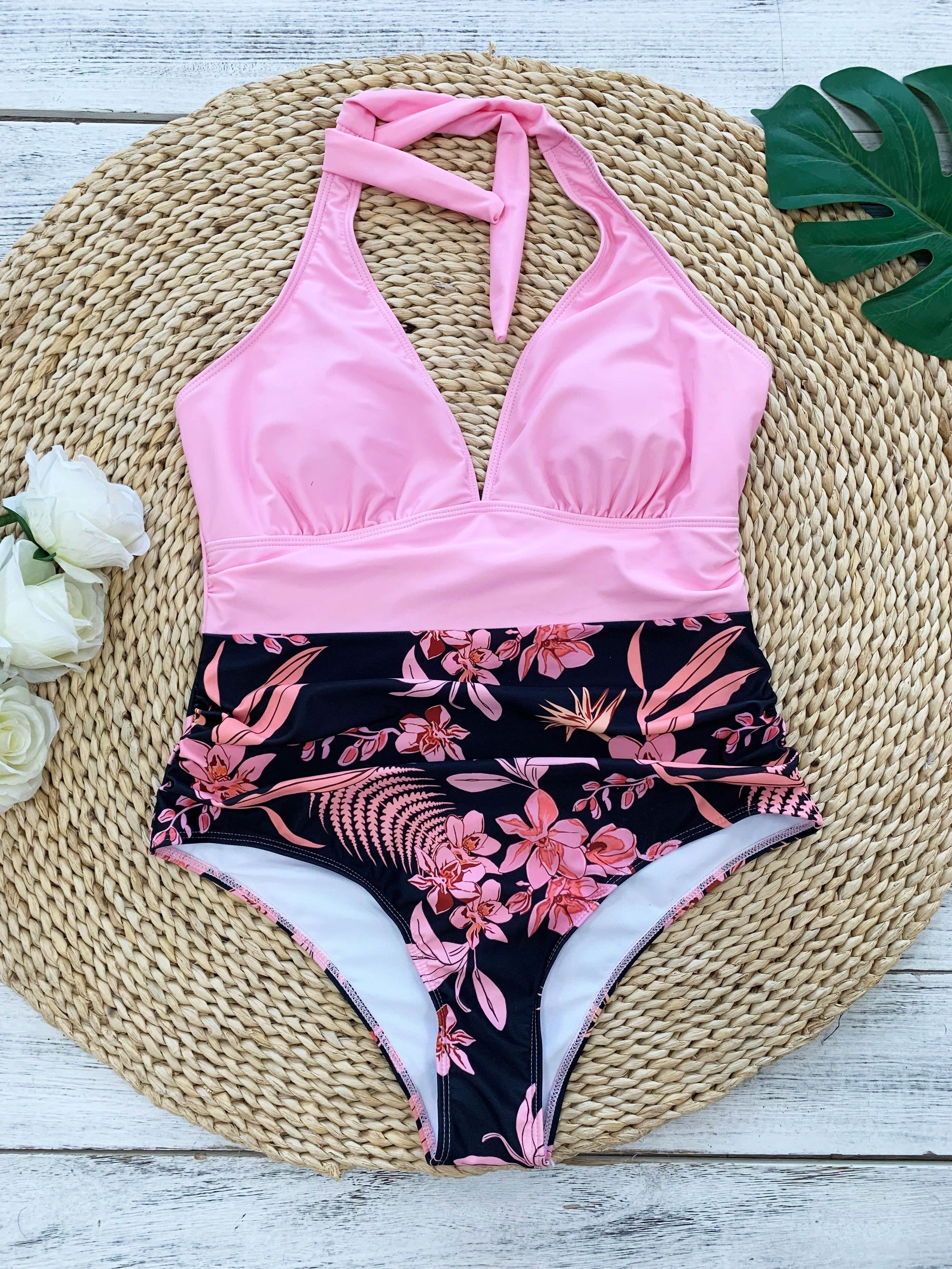 Deep V Neck Swimsuit Random Print Tummy Control - Temu