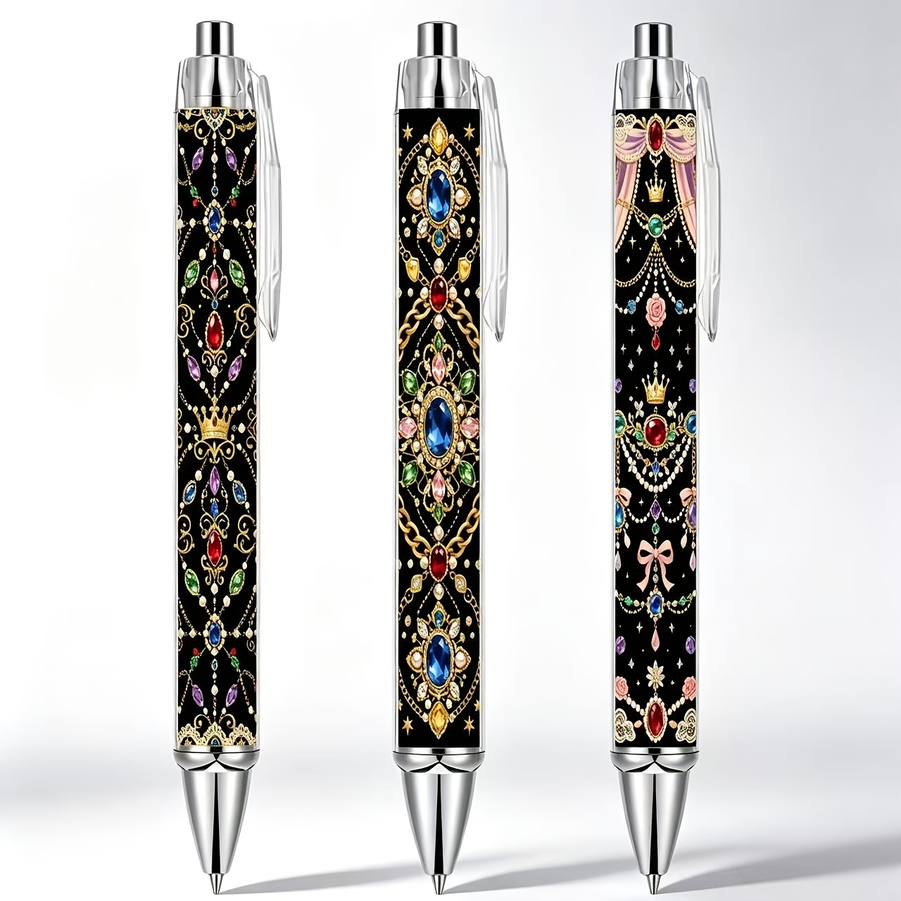 TEMU 3pcs Gorgeous Baroque Jewelry Print Ballpoint Pen Set - The Perfect Christmas Gift. Features 3 Unique Pen Bodies With A Royal Gemstone Style,