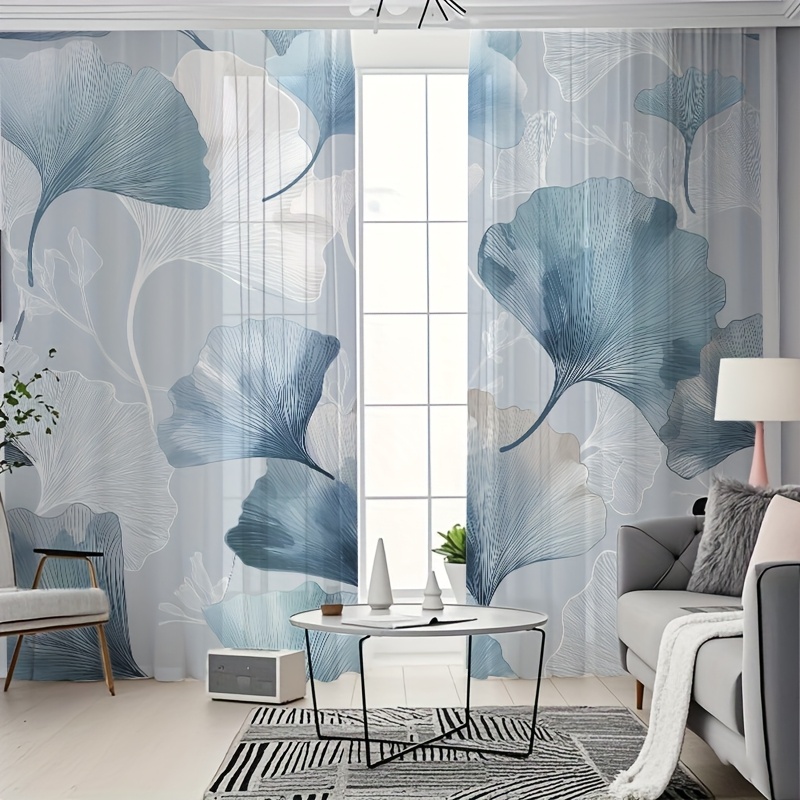 TEMU Decorazioni per la Casa, Regali, Tema Festivo, Tende Semi-Trasparenti con Stampa Elegante di Foglie di Ginkgo Blu e Bianche, 2 Pezzi, Stile