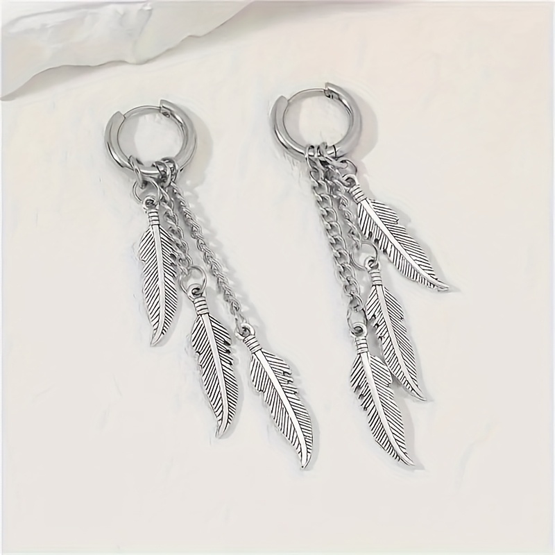 TEMU 1pair Stylish And Vibrant Colorful Long Chain Feather Tassel Pendant Earrings - Anti-allergic, Durable Construction - Women's Party Elegant