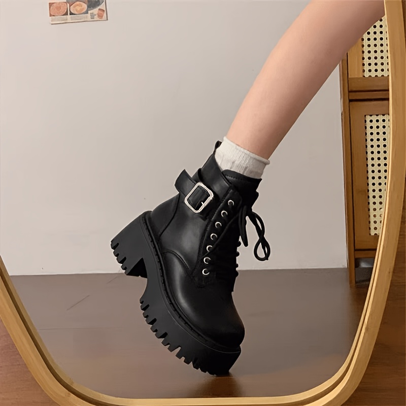 TEMU #9 Bottes de moto rétro américaines à semelle épaisse et taille haute pour femmes, bottines à talons courts et épais, chaussures pour femmes,