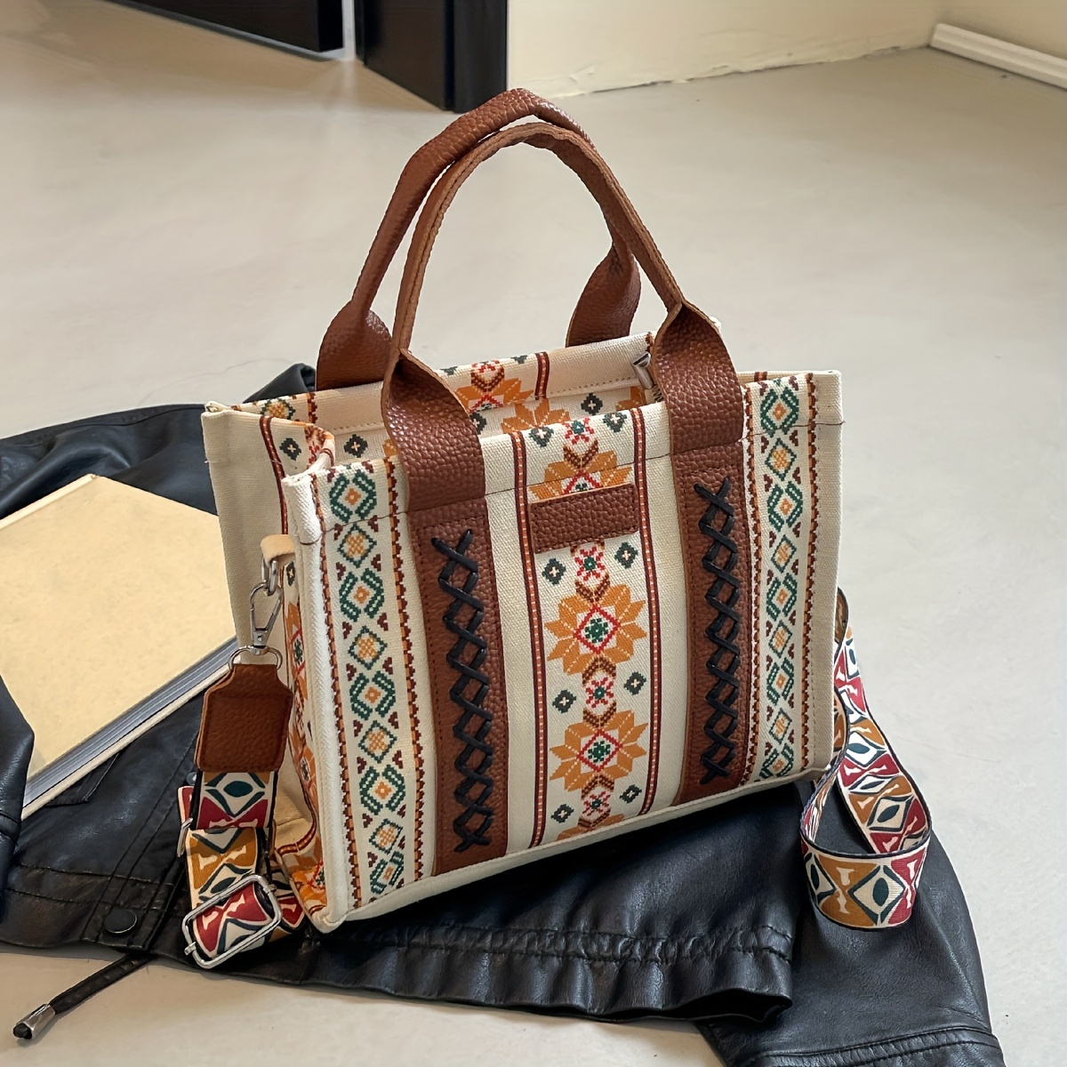 

Boho Chic Ethnic Tote Bag, Retro Colorblock Fabric Handbag With Leather Straps, Fashionable Women's Shoulder Crossbody Bag, Casual Travel Purse