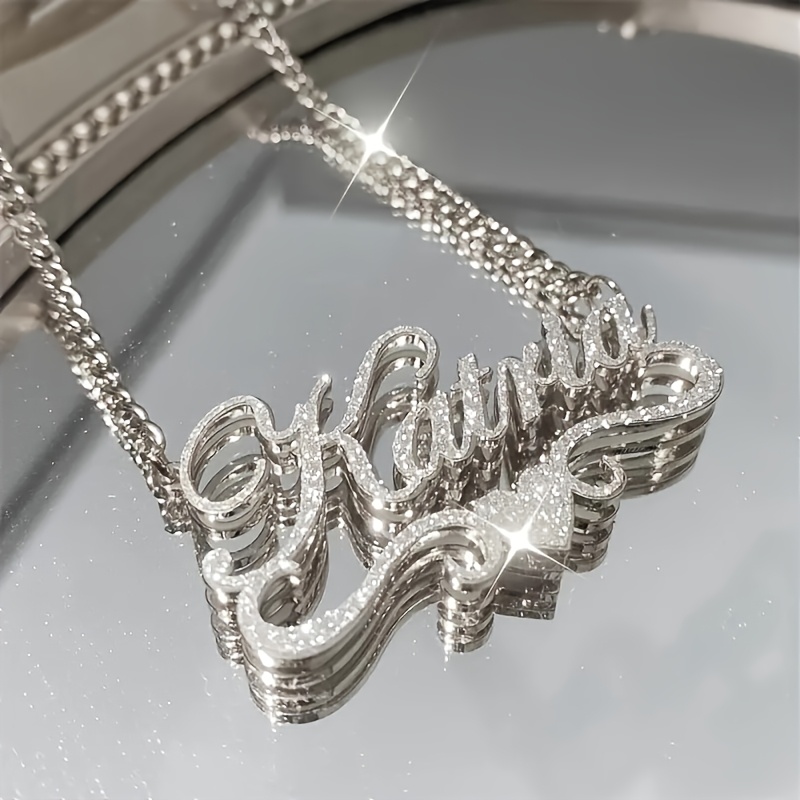 TEMU 1 Custom Stainless Steel Name Necklace - Personalized Frosted Letter Pendant With Shiny Embellishments, Unisex Cuban Chain Jewelry Gift For