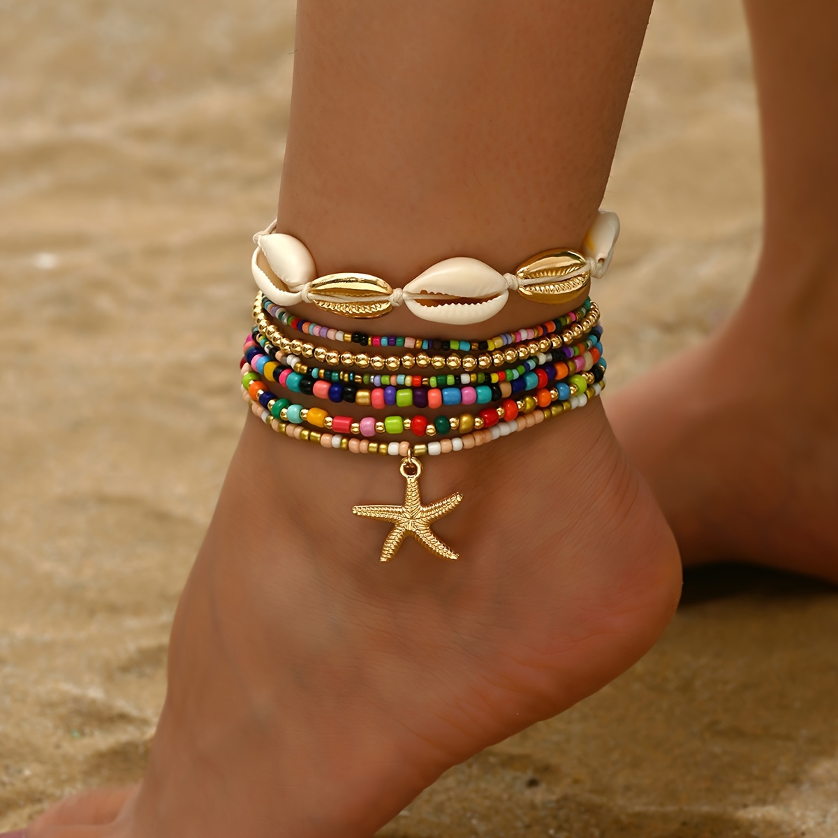 

7 Popular Rock Anklet Rice Beads, Rock Crystal Sea Starfish, Ladies Beach Anklet Gifts For Girlfriends